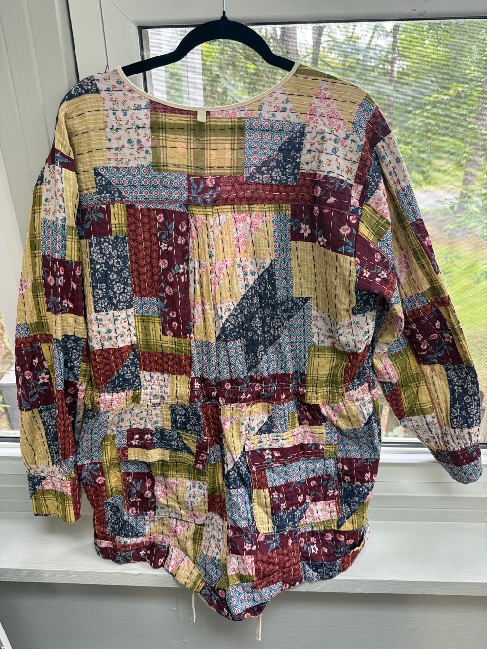 Free People Quilted Kantha Patchwork Jumpsuit Romper in Burgundy Multi Sz. LG - Picture 7 of 8